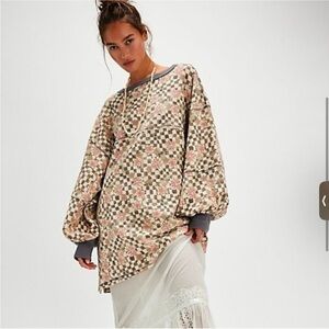 NWT free people coastal printed crew shirt top. Terracotta combo color. medium M